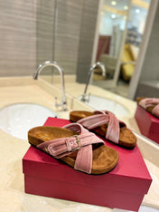 FUSSFRIEND CREPE PINK SILK VELVET SLIDE SANDALS