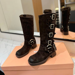 THICK-SOLED BUCKLE BOOTS IN BLACK SUEDE