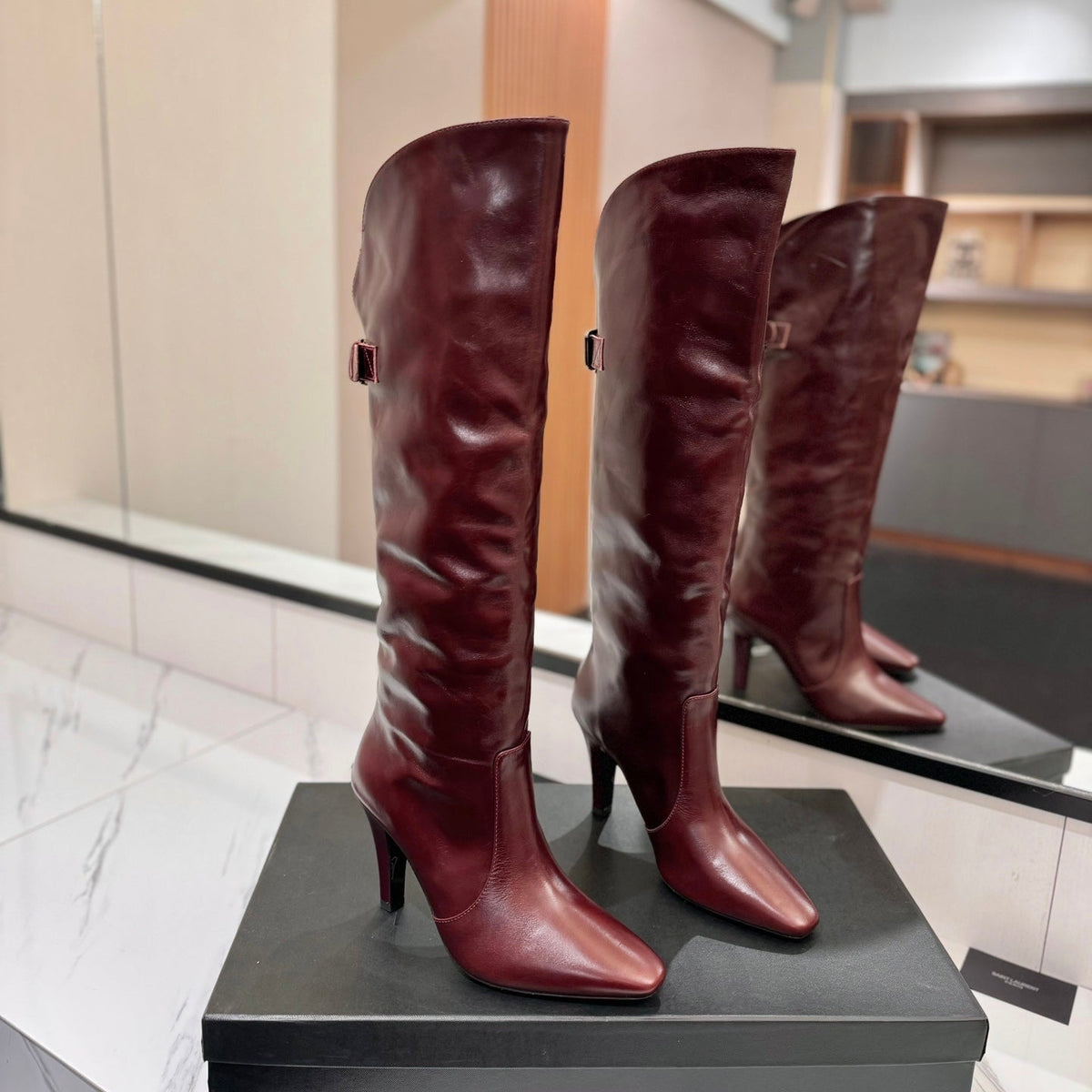 CLASSIC HIGH KNEE BOOTS IN BURGUNDY RED CALFSKIN