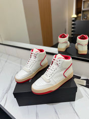 MID-TOP SNEAKERS IN WHITE AND RED TRIM PERFORATED LAMBSKIN