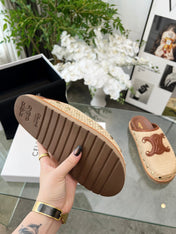 CELINE 26S TRIOMPHE MULES IN BEIGE RAFFIA AND BROWN CALFSKIN