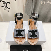 LYMPIA SANDAL IN TRIOMPHE MACCRAMÉ COTTON & CALFSKIN BLACK/NAVY