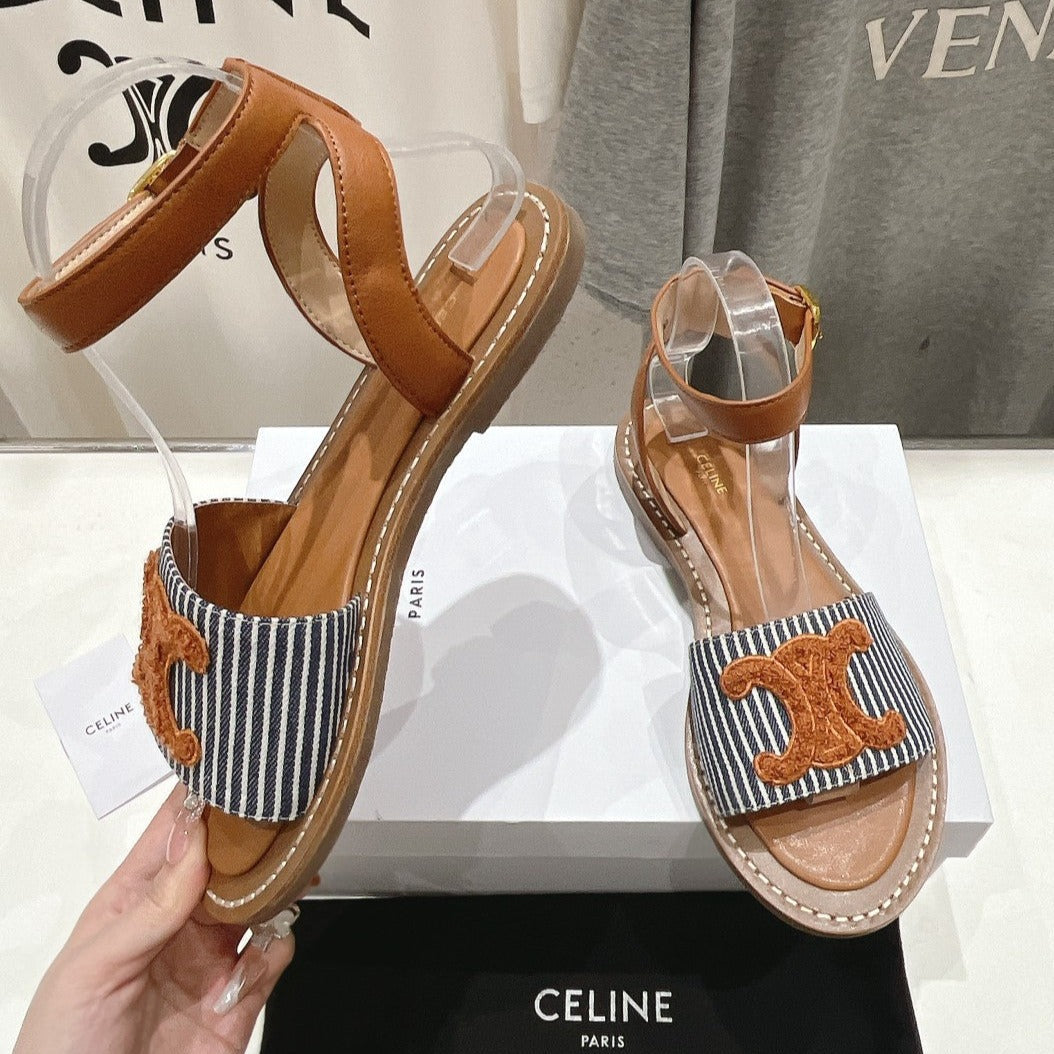 LYMPIA SANDAL IN TRIOMPHE MACCRAMÉ COTTON & CALFSKIN BRONZE BROWN/NAVY