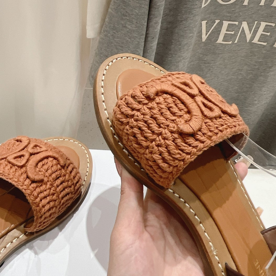 LYMPIA SANDAL IN TRIOMPHE MACCRAMÉ COTTON & CALFSKIN BROWN/DARK BROWN