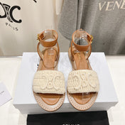 LYMPIA SANDAL IN TRIOMPHE MACCRAMÉ COTTON & CALFSKIN ECRU TAN