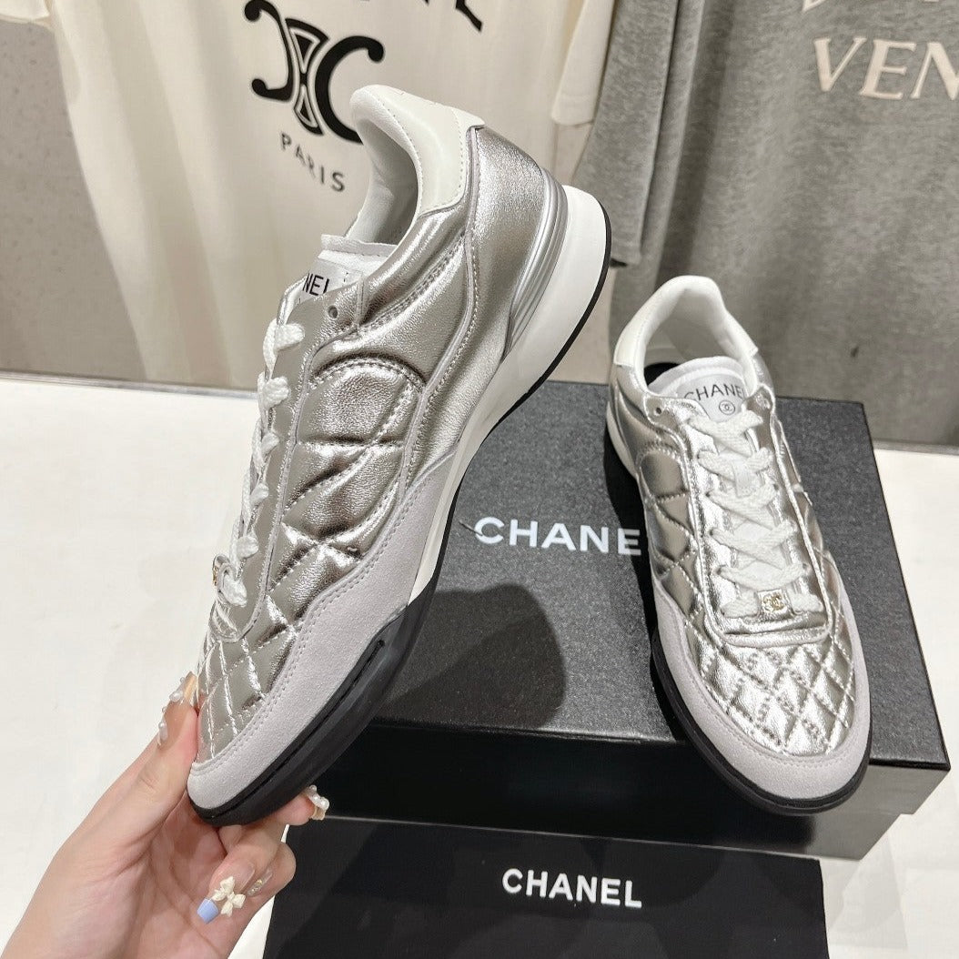 Double C  New Quilted Panda Shoes Silver Sheepskin