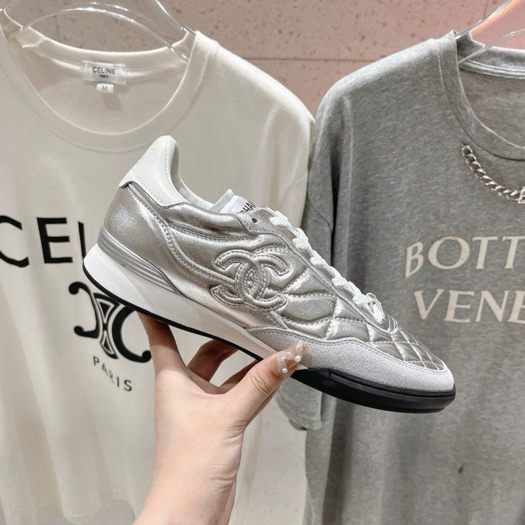 Double C  New Quilted Panda Shoes Silver Sheepskin