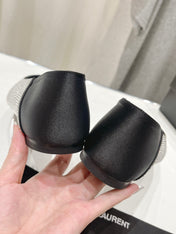 SL NOUR LEOPARD POINT TOE BALLET BLACK CRYSTAL SATIN