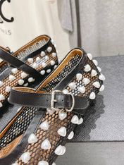 ALAIA PEARL MARY JANE SHOES IN BLACK MIX WHITE MESH AND CALFSKIN