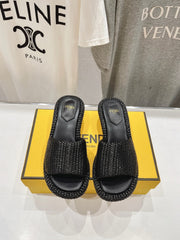 FENDI FFOLD MEDIUM-HEEL SANDALS 45 MM IN BLACK COTTON FIBRE