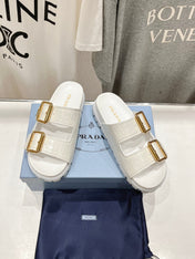 PRA CROCODILE MOTIF STRAP SLIDES SANDALS WHITE CALFSKIN