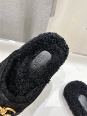 HORSEBIT MULE IN BLACK EMBOSSED SUEDE AND FLEECE LINING