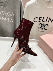 HIGH HEEL POINTED-TOE BOOTS IN WINE RED PATENT LAMBSKIN