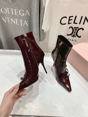 HIGH HEEL POINTED-TOE BOOTS IN WINE RED PATENT LAMBSKIN