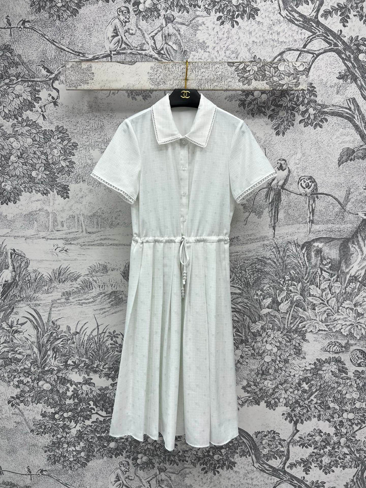 CC 25 Logo Plaid Short-sleeved Dress White Polyester Fiber