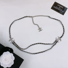 CHAIN BELT IN SILVER METAL INTERWOVEN WITH CALFSKIN STRAPS