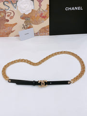 TWISTED GOLD CHAIN BELT IN GOLD METAL BLACK CALFSKIN GOLD BUCKLE