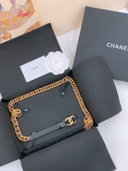 TWISTED GOLD CHAIN BELT IN GOLD METAL BLACK CALFSKIN GOLD BUCKLE