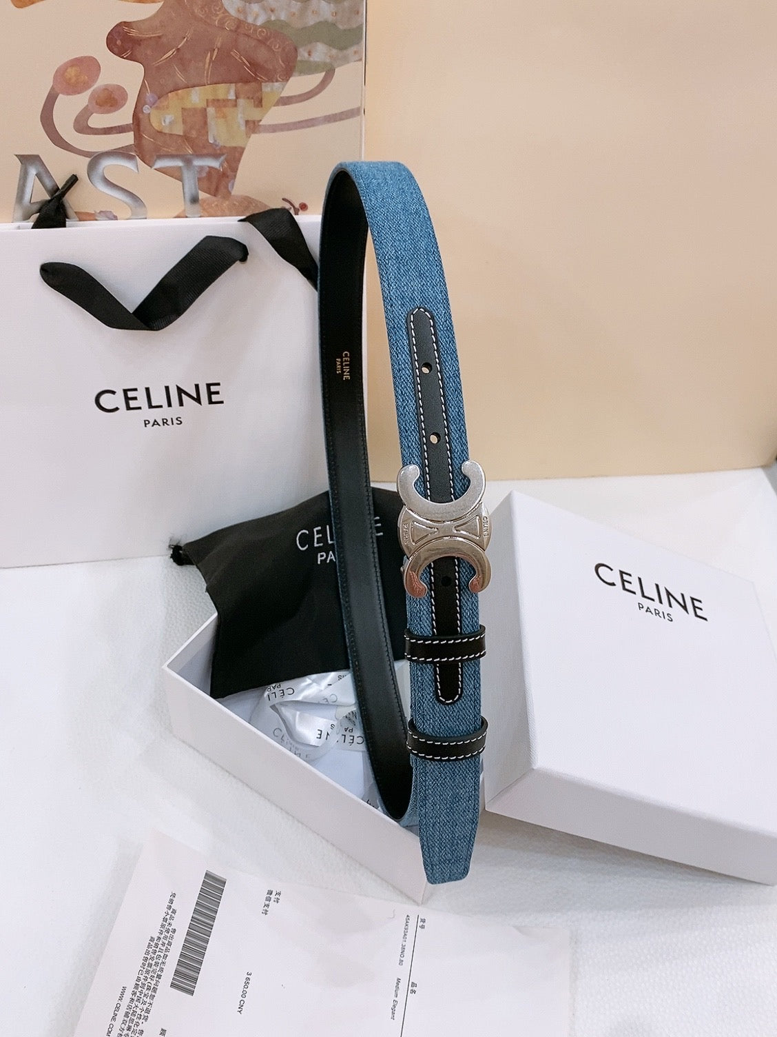CELINE 25S BELT TRIOMPHE TAURILLON 25MM IN BLACK CALFSKIN AND DENIM 558343