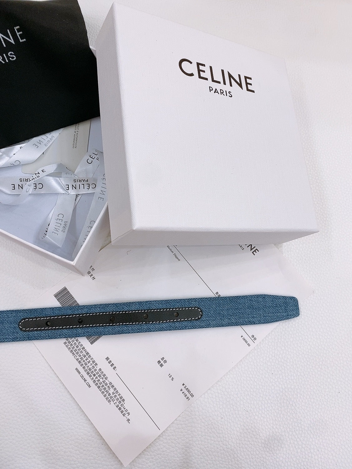 CELINE 25S BELT TRIOMPHE TAURILLON 25MM IN BLACK CALFSKIN AND DENIM 558343