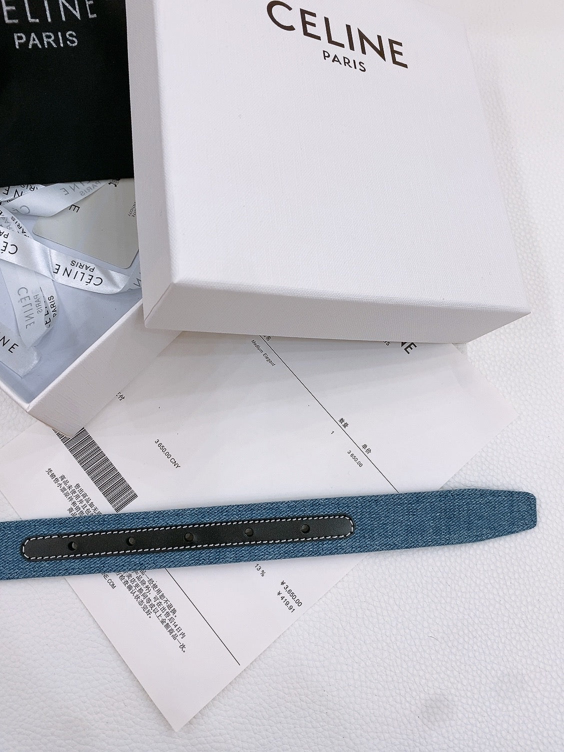 CELINE 25S BELT TRIOMPHE TAURILLON 25MM IN BLACK CALFSKIN AND DENIM 558344