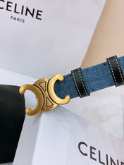 CELINE 25S BELT TRIOMPHE TAURILLON 25MM IN BLACK CALFSKIN AND DENIM 558345