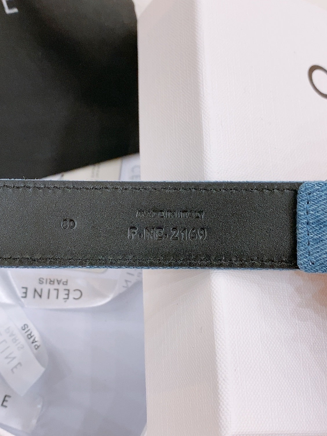 CELINE 25S BELT TRIOMPHE TAURILLON 25MM IN BLACK CALFSKIN AND DENIM 558345