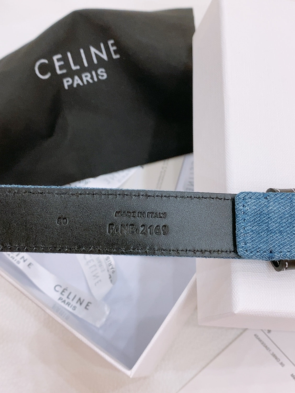 CELINE 25S BELT TRIOMPHE TAURILLON 25MM IN BLACK CALFSKIN AND DENIM 558347