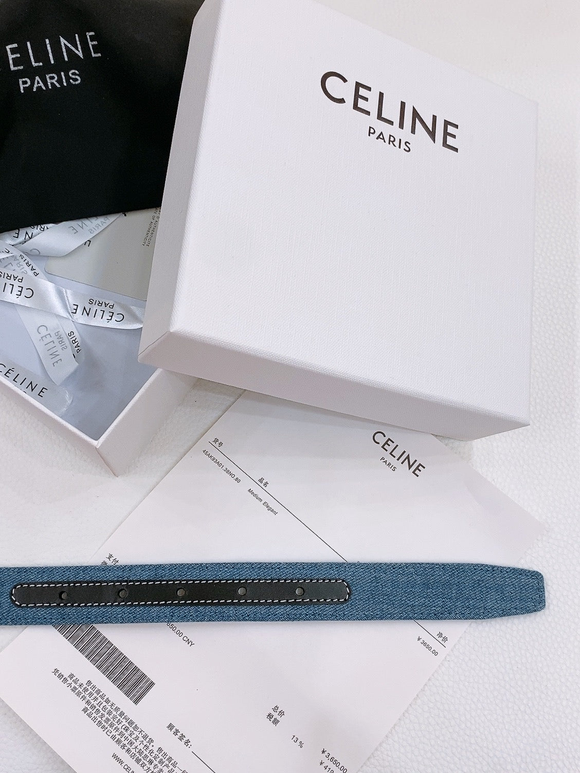 CELINE 25S BELT TRIOMPHE TAURILLON 25MM IN BLACK CALFSKIN AND DENIM 558347
