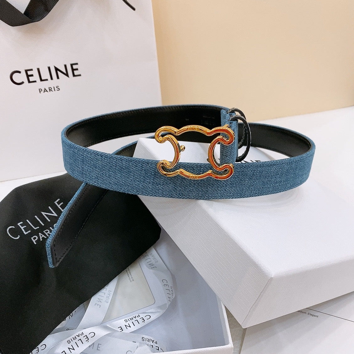 CELINE 25S BELT TRIOMPHE TAURILLON 25MM IN BLACK CALFSKIN AND DENIM 558348