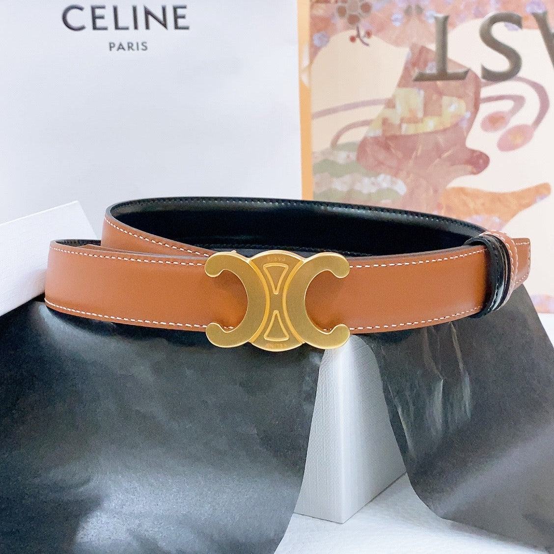 CELINE 25S BELT 25MM REVERSIBLE TRIOMPHE IN BLACK BROWN CALFSKIN 565540