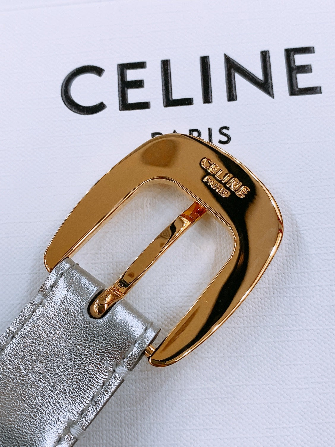 CELINE 25S BELT 25MM WITH ARC DE TRIOMPHE BUCKLE IN SILVER 571498