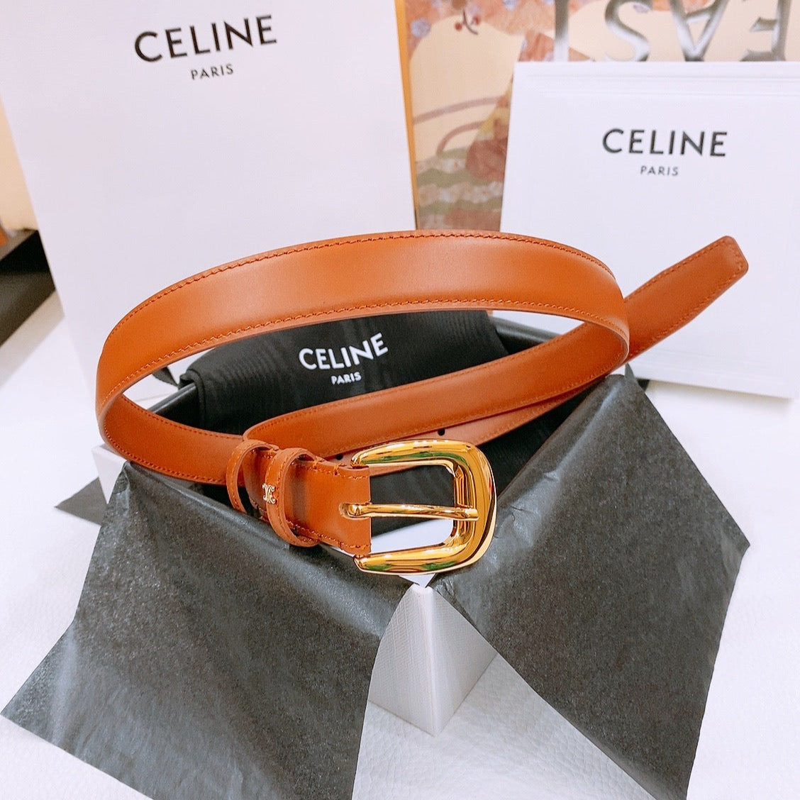 CELINE 25S BELT 25MM WITH ARC DE TRIOMPHE BUCKLE IN DARK CARAMEL 571499