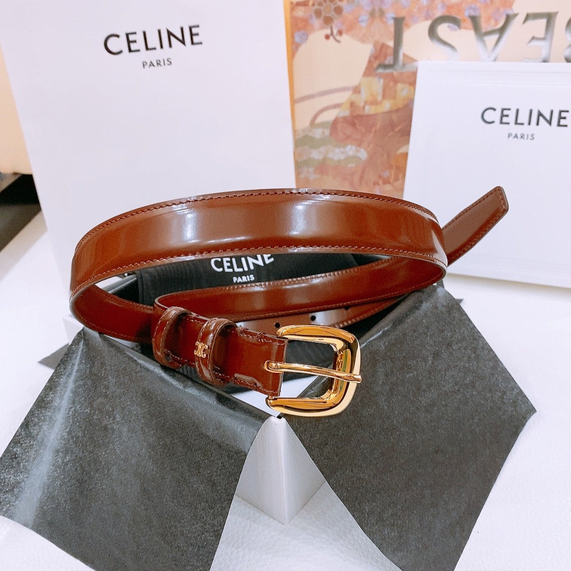 CELINE 25S BELT 25MM WITH ARC DE TRIOMPHE BUCKLE IN BURNT UMBER 571500