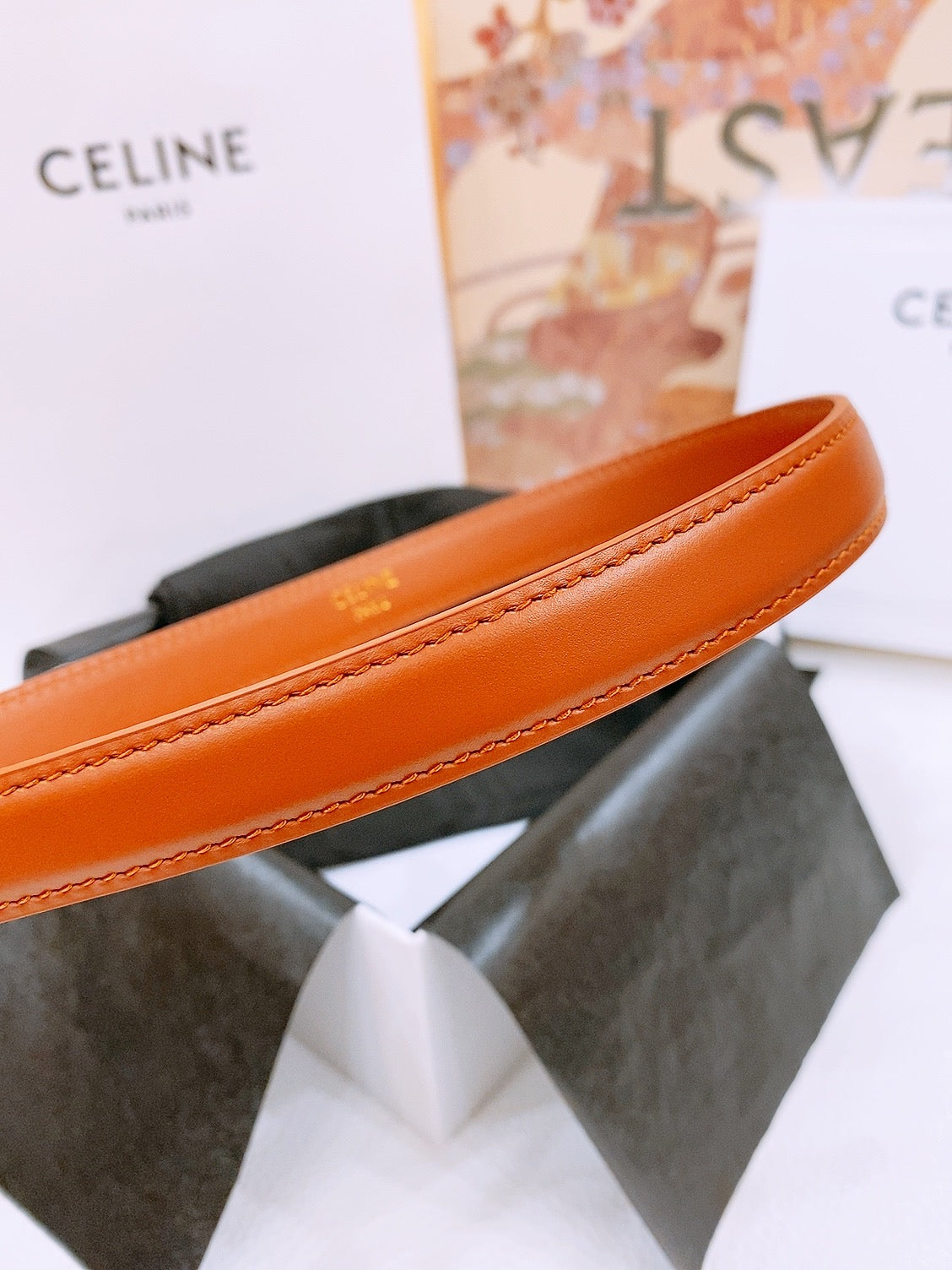 CELINE 25S BELT 18MM WITH ARC DE TRIOMPHE BUCKLE IN DARK CARAMEL 571504