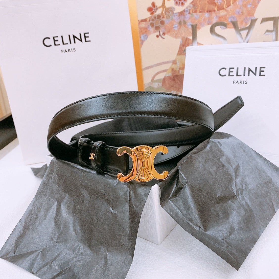 CELINE 25S TRIOMPHE BELT 25MM IN BLACK CALFSKIN GOLD HARDWARE 570969