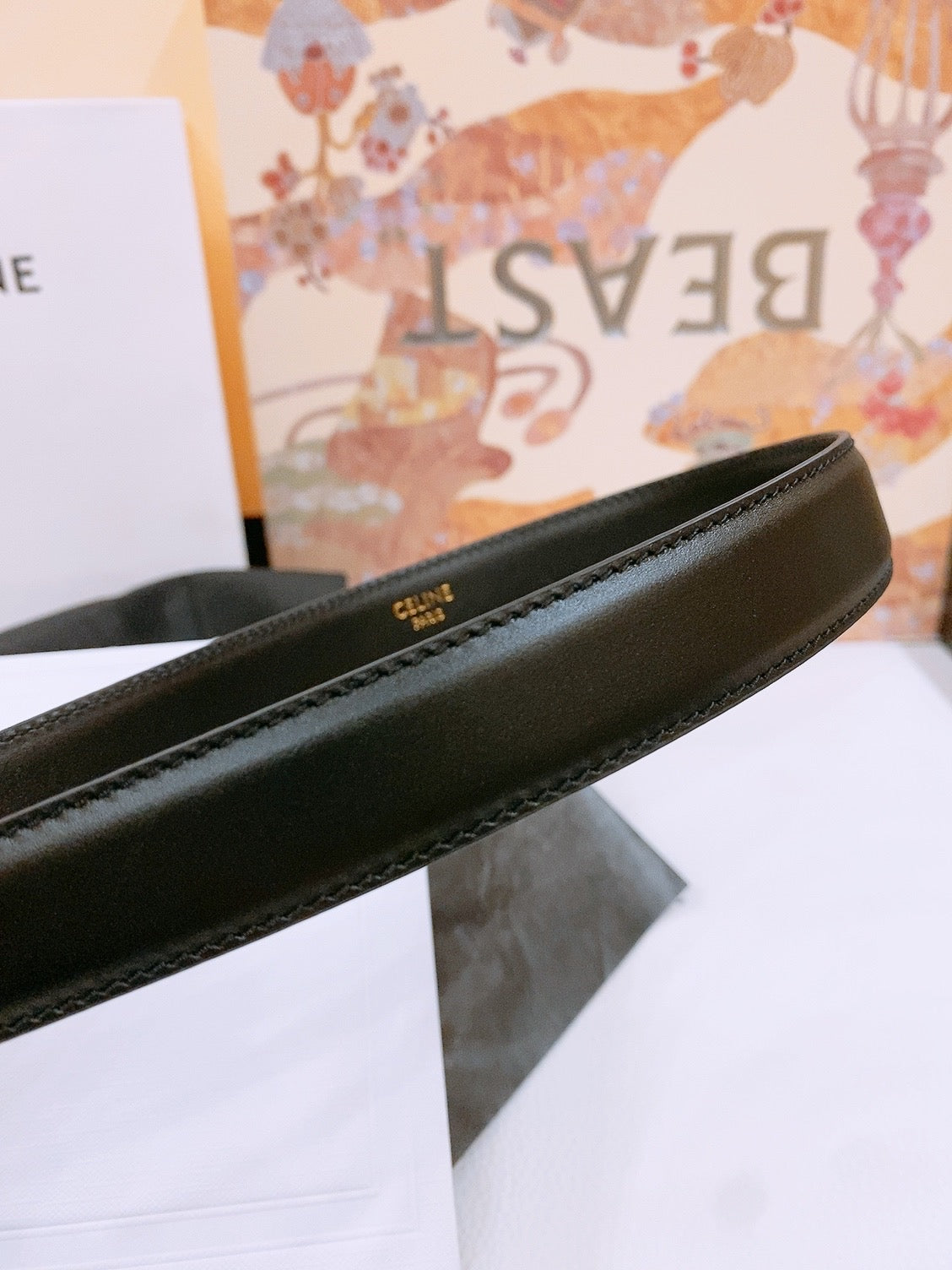 CELINE 25S TRIOMPHE BELT 25MM IN BLACK CALFSKIN GOLD HARDWARE 570969