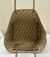 FENDI ROLL 33 TOTE BAG IN PEANUT BROWN MIX WHITE CANVAS