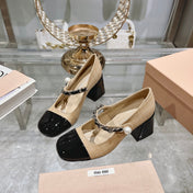 MARY JANE SANDAL CAP TOE DARK CREAM SHEEPSKIN - HIGH HEEL
