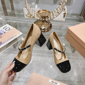 MARY JANE SANDAL CAP TOE DARK CREAM SHEEPSKIN - HIGH HEEL