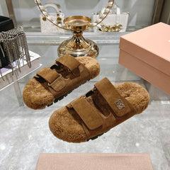 SANDAL SLIDES IN SEPIA BROWN SUEDE AND SHEARLING LINING