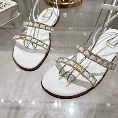 FLAT SANDALS 25S IN WHITE CALFSKIN RHINESTONES STRAP