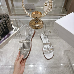 FLAT SANDALS 25S IN SILVER CALFSKIN RHINESTONES STRAP