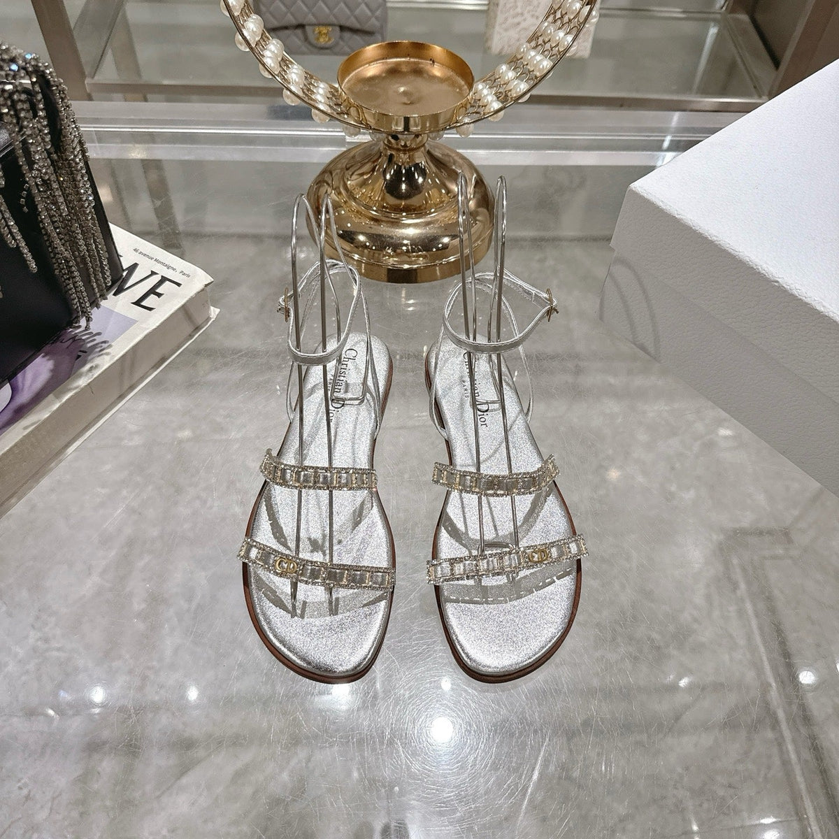 FLAT SANDALS 25S IN SILVER CALFSKIN RHINESTONES STRAP