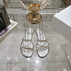 FLAT SANDALS 25S IN SILVER CALFSKIN RHINESTONES STRAP