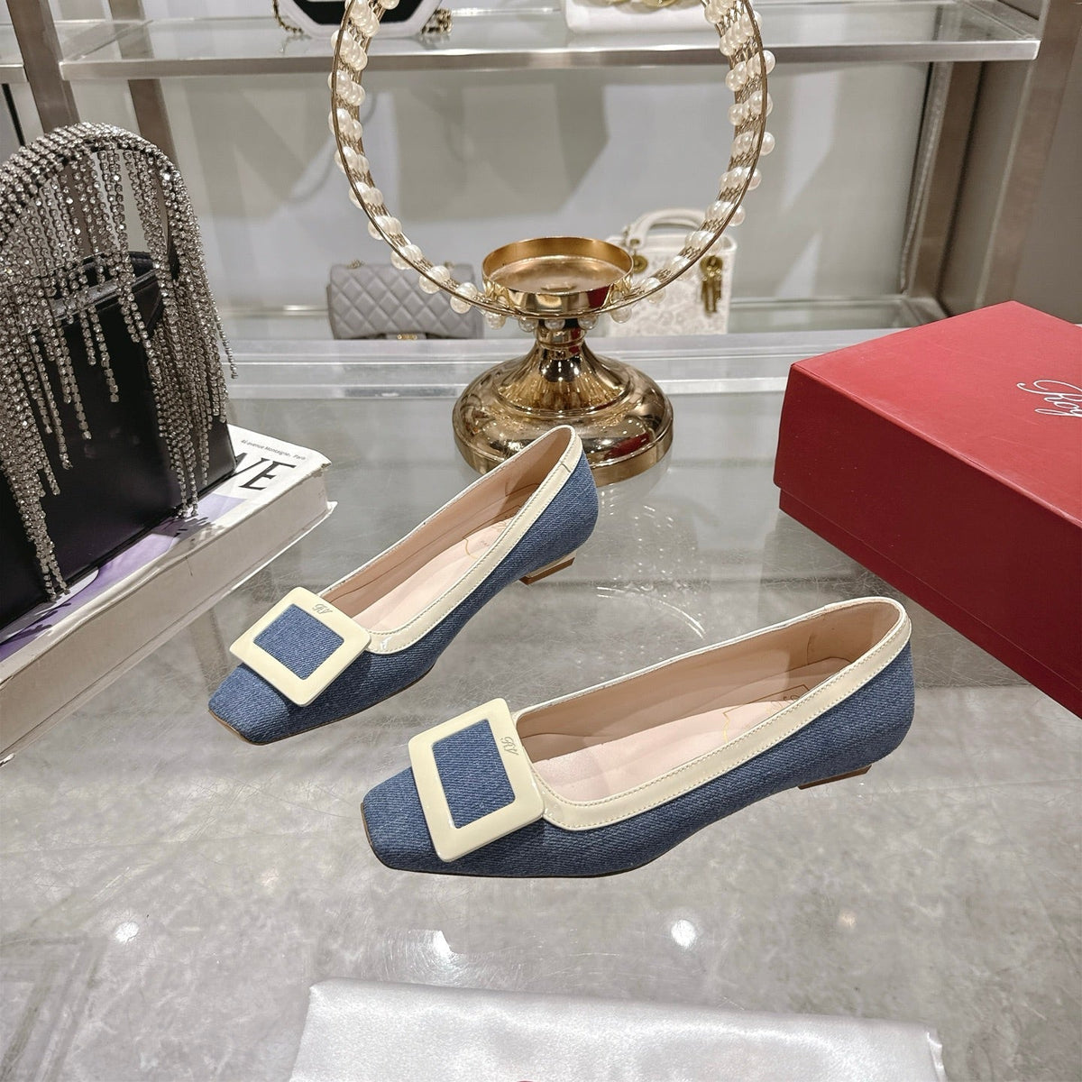 ROGER VIVIER 25S TROMPETTE BALLERINAS 25MM IN BLUE DENIM