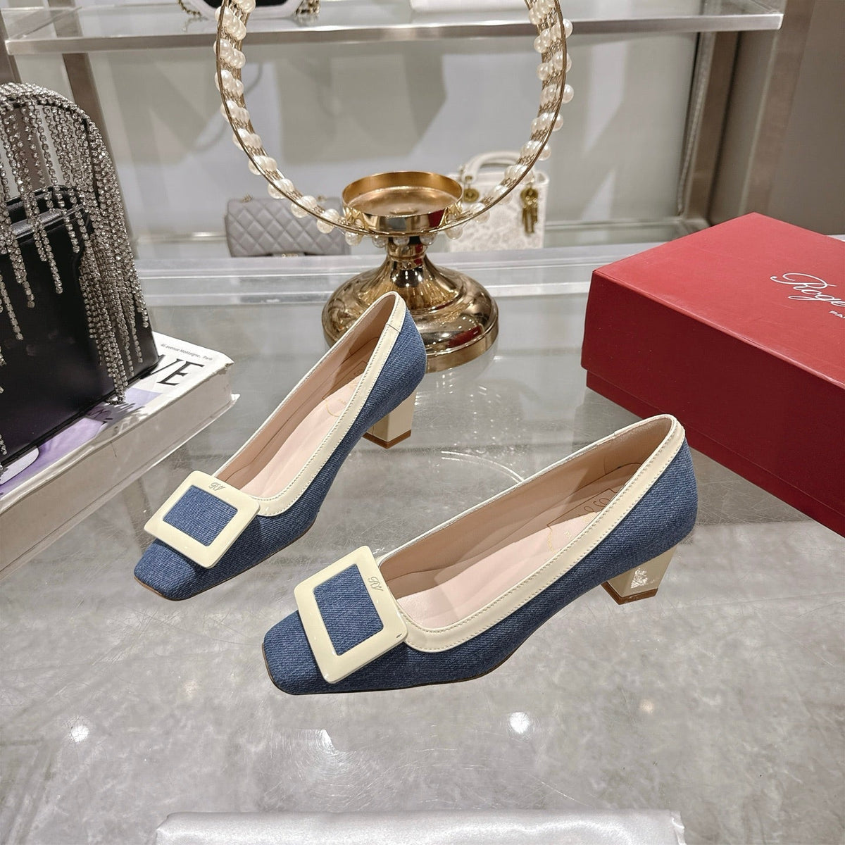 ROGER VIVIER 25S TROMPETTE BALLERINAS 45MM IN BLUE DENIM