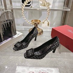 ROGER VIVIER 25S TROMPETTE BALLERINAS 75MM IN BLACK TWEED