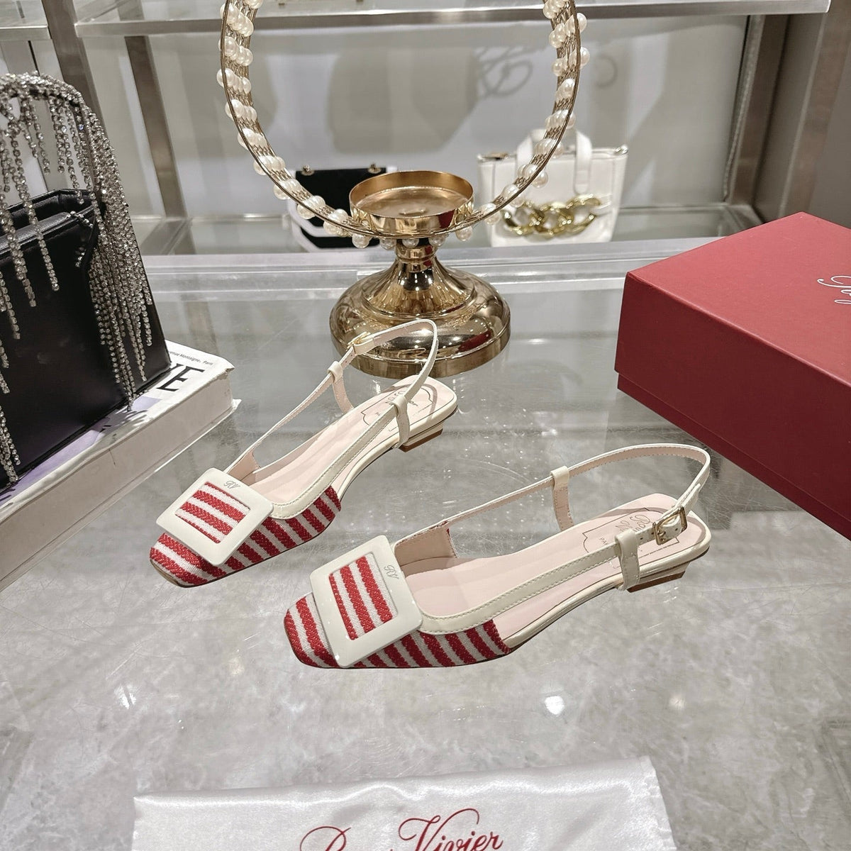 ROGER VIVIER 25S VIVIER SLINGBACK 25MM IN RED PLAID PATTERN CANVAS