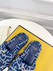 FENDI FLAT SLIPPER IN NAVY BLUE MONOGRAM JACQUARD FABRIC WITH GOLD HARDWARE